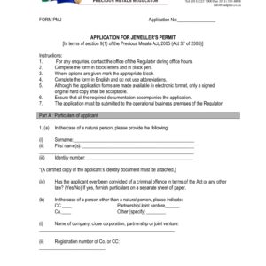 Jewellers Permit Form PMJ Jewellers Permit Need help we can assist applicants and they ensure that all the required documentation is in order before Jewellers permit applications submitted to the regulator. We know exactly what is needed! And that when your application for a Jeweller permit is submitted it will result in obtaining the Permit! Contact Evan on WhatsApp 0739990999 or e-mail for assistance. Download the application form (PMJ) below from the SOUTH AFRICAN DIAMOND AND PRECIOUS METALS REGULATOR