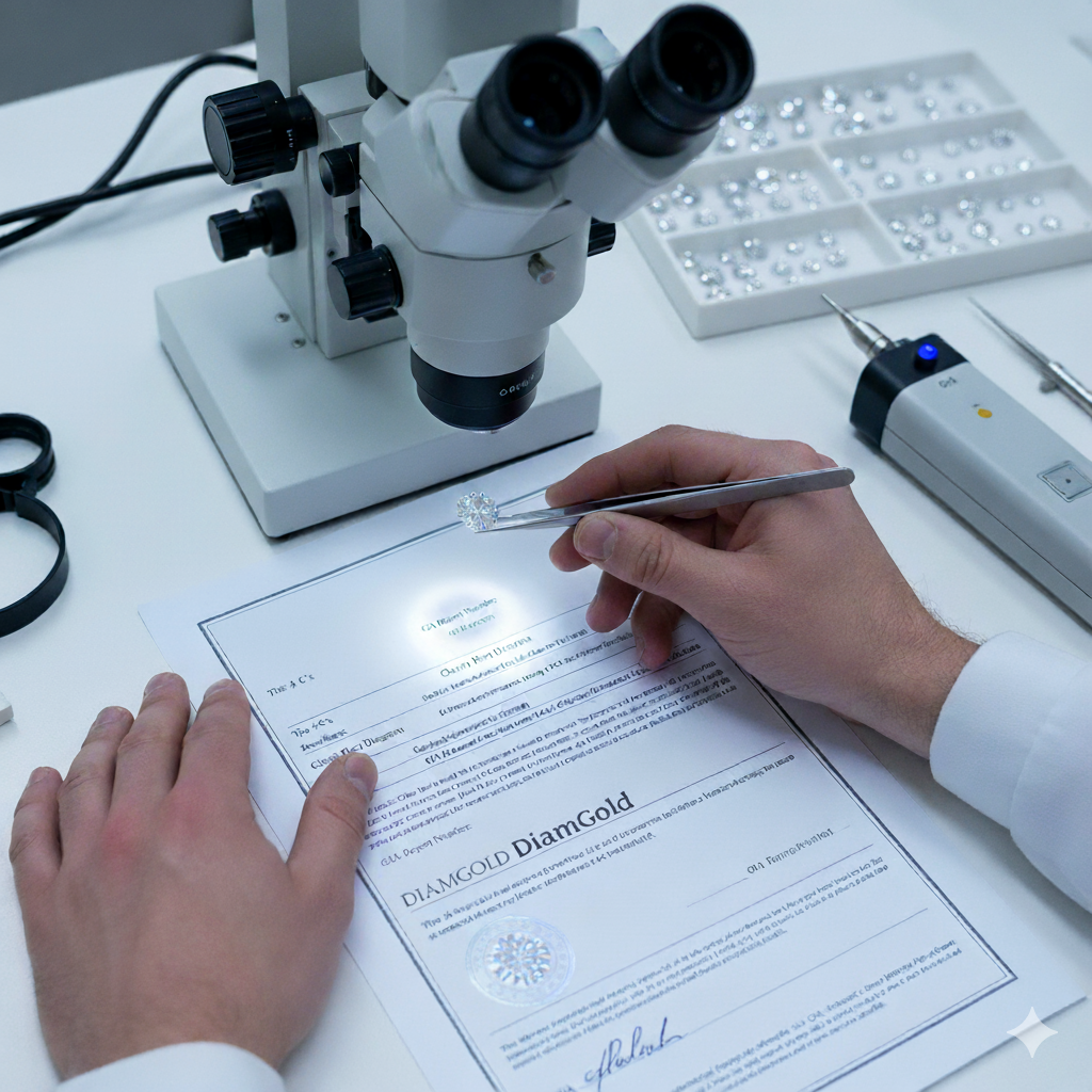 Close-up image of a diamond grading desk with a high-power microscope and a tray of loose diamonds, emphasizing the strict, scientific process of diamond certification and quality evaluation by a reputable gemological laboratory