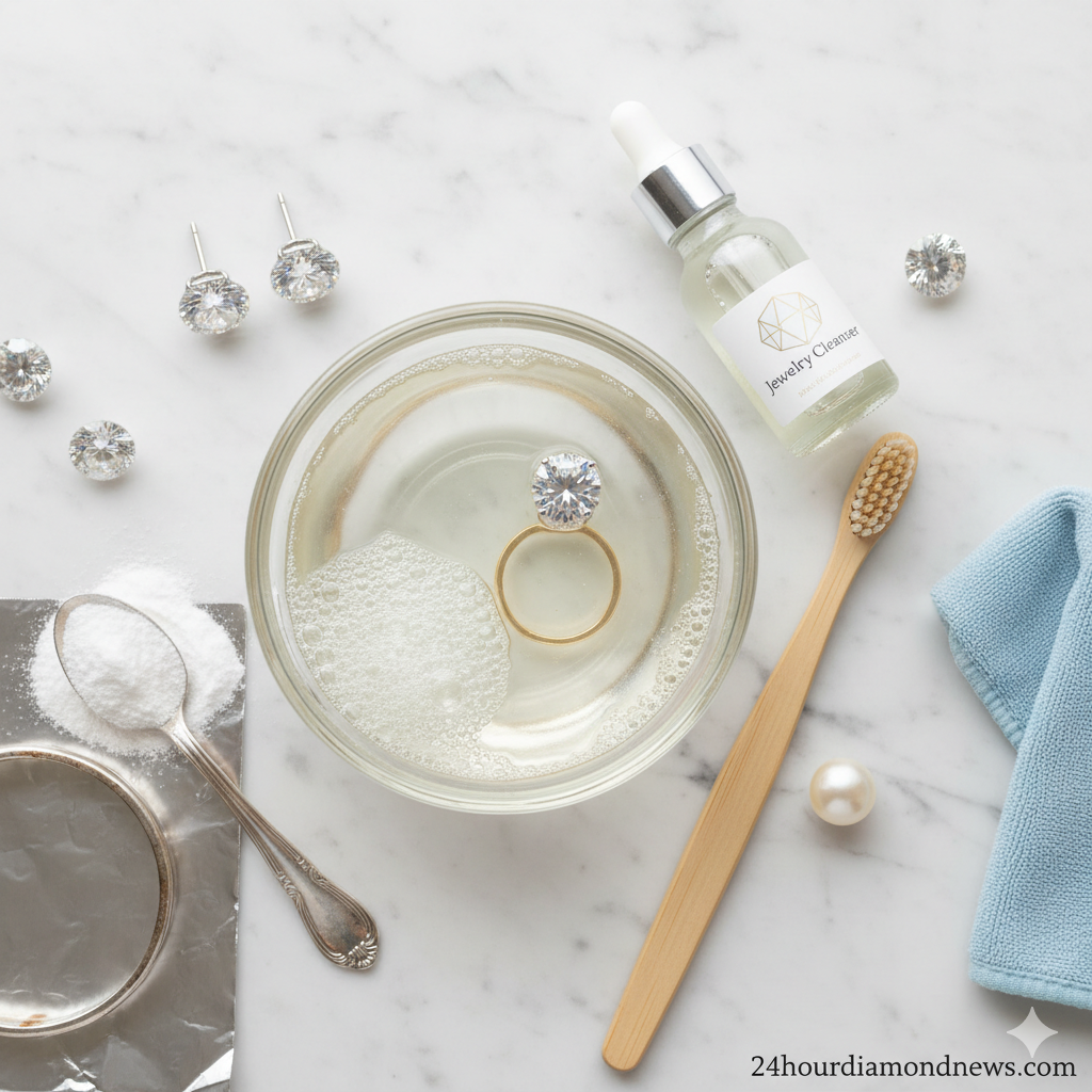 How to clean jewelry at home. A gold diamond engagement ring is soaking in a homemade cleaning solution with dish soap and warm water, alongside a soft-bristle brush, baking soda, and a silver polishing cloth.