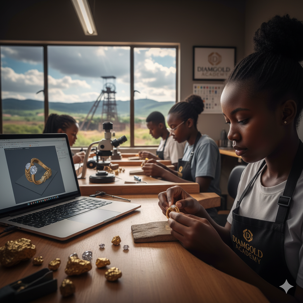 South African jeweler's hands working on a platinum ring at a bench, with rough diamonds and gold bars in the foreground, symbolizing the demand for skilled jewelers in the South African Jewelry Market and Diamgold Academy training