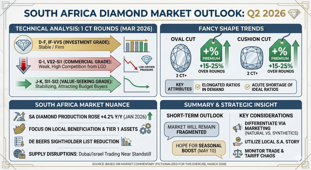 An informational infographic titled "SOUTH AFRICA DIAMOND MARKET OUTLOOK: Q2 2026" that summarizes recent Rapaport price trends and industry insights. The image is divided into four quadrants:Technical Analysis (1 CT Rounds): Shows a tiered breakdown where D-F, IF-VVS grades are "Stable/Firm," G-I, VS2-SI1 grades are "Weak" due to lab-grown competition, and J-K, SI1-SI2 grades are "Stabilizing."Fancy Shape Trends: Highlights Oval and Cushion cuts (2 CT+) commanding a $15\%$ to $25\%$ premium over rounds, noting a high demand for elongated and ideal ratios.South Africa Market Nuance: Lists key local factors including a $4.2\%$ rise in production, a focus on local beneficiation, and the impact of De Beers sightholder reductions and global supply disruptions.Summary & Strategic Insight: Provides a short-term outlook of a fragmented market with hope for a seasonal boost on May 10, emphasizing the need for natural vs. synthetic differentiation.