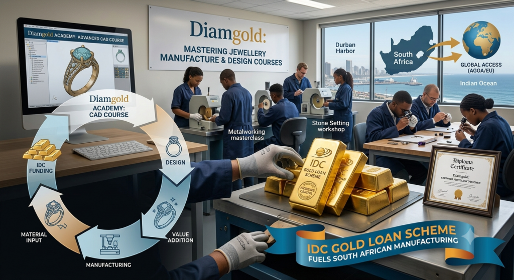 Students at Diamgold Academy learning jewellery manufacture and design in a modern South African workshop, featuring IDC Gold Loan Scheme gold bullion bars, a 3D CAD ring design on screen, and an infographic wheel illustrating the local value-addition manufacturing process.