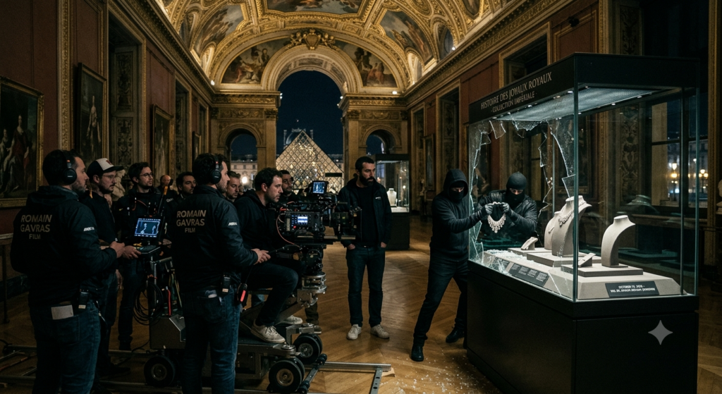 Behind-the-scenes movie set inside a Louvre Museum gallery, showing a film crew with cameras filming actors dressed as thieves stealing royal diamond necklaces from a smashed glass display case.