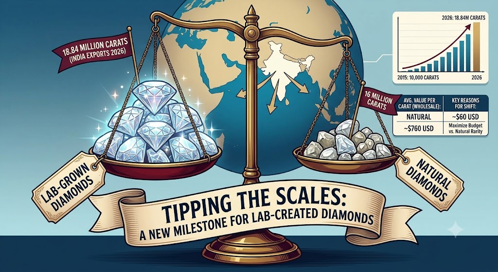 The image uses a classic balance scale to show how lab-grown diamonds (represented by a larger pile on the left) have surpassed natural diamonds in terms of volume (carats exported). The background globe spotlights India, the source of this industry data. Key charts and legends illustrate the essential data points: The Growth Arc: A line graph tracking the meteoric rise from 10,000 carats in 2015 to 18.84 million in 2026. The Price Gap: A table clearly comparing the value difference—showing natural diamonds at $760 per carat versus lab-grown at $60 per carat. Consumer Shift: A small breakdown of 'Key Reasons for Shift,' highlighting "Maximizing Budget" vs. "Natural Rarity."